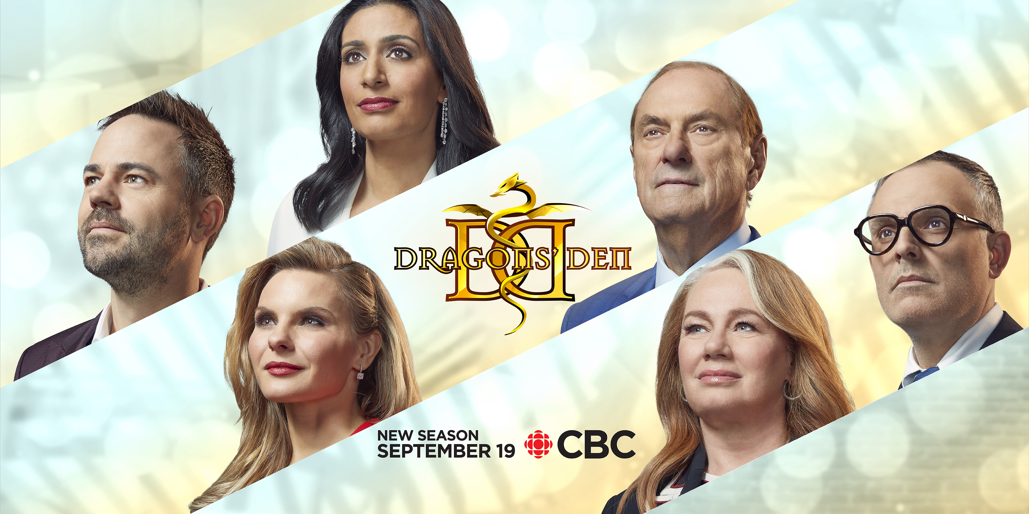 Each Dragons' Den dragon stands in front of an Art Deco gold fan in front of a black and gold background with geometric diamond pattern.