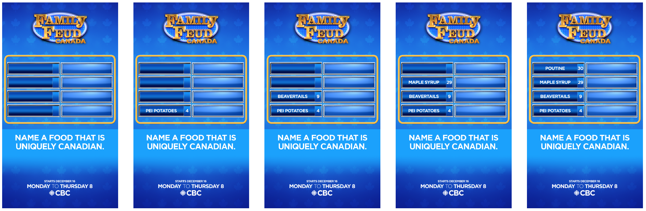 Panels for an Instagram story game that reveals the top 4 foods that are uniquely Canadian.